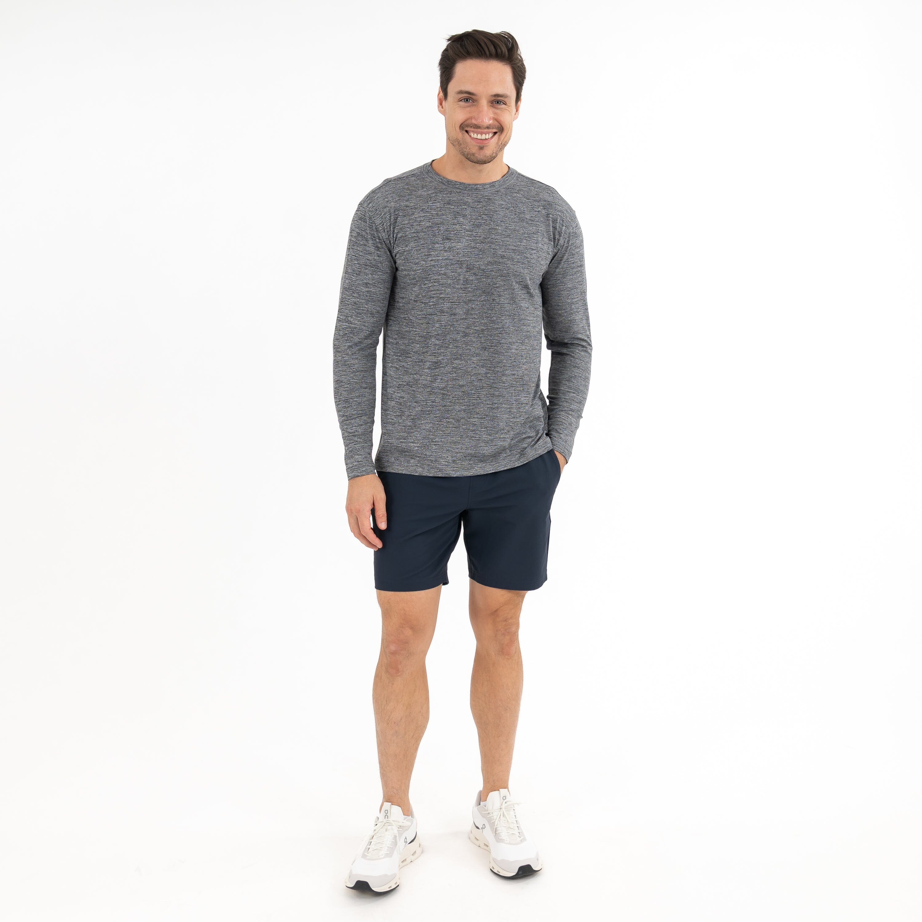 Tailwind Performance Long Sleeve Tee | Heather - Boulder Grey/White - Image 5
