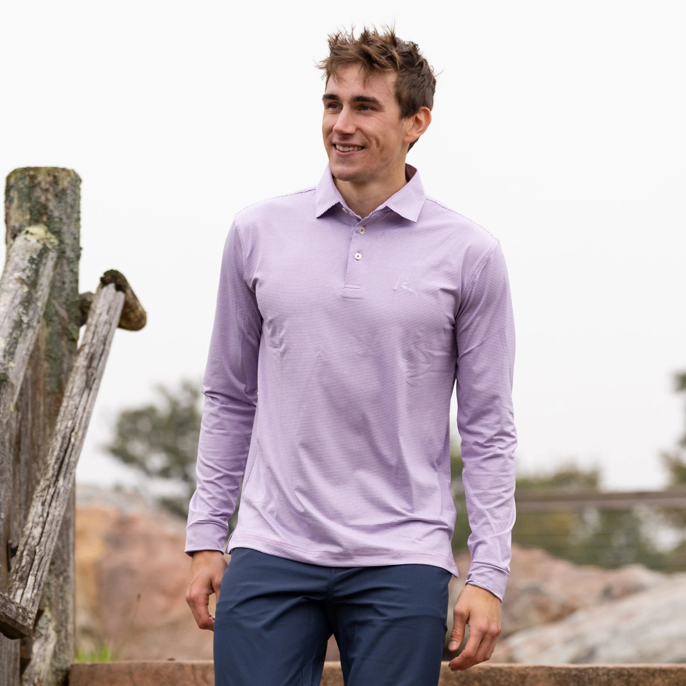 The Whaler Heather Stripe | Long Sleeve Performance Polo | The Whaler Heather Stripe - Big Easy Lavender/White - Image 5